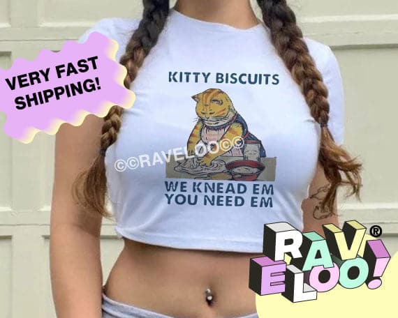 Funny Kitty Biscuits  Cropped T-Shirt, crop top, y2k aesthetic, y2k clothes, y2k aesthetic top, collared shirt